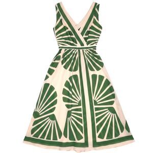 Flying Tomato Green Cream Art Deco Fan Print Deep V-Neck Maxi Dress Size Medium